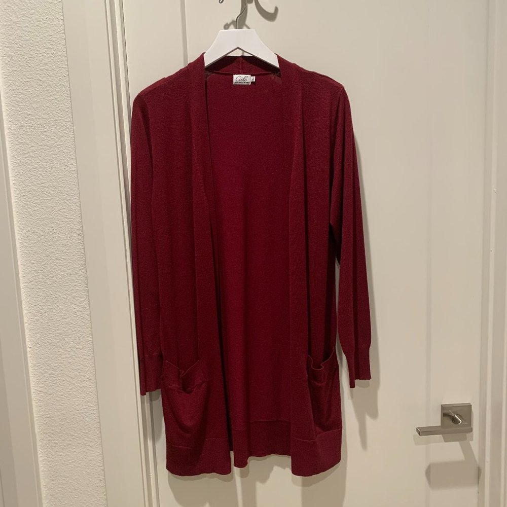 Dark red open front cardigan